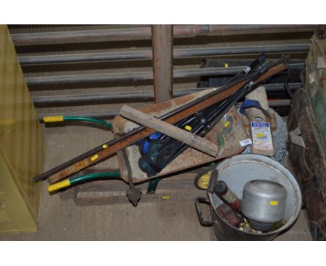 A quantity of sundry items to include child's wheelbarrow; ruler; folding stool; enamel pail; barbed wire etc