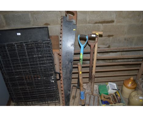 A quantity of long handled gardening tools and a box of various tools 