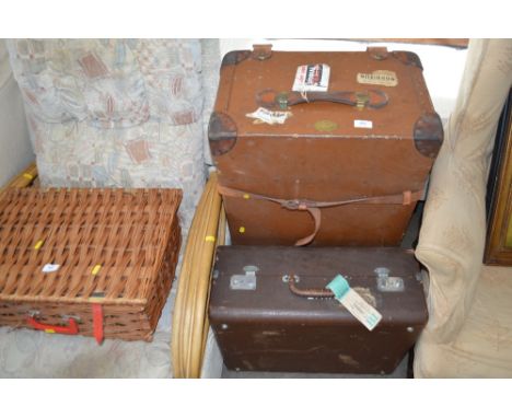 A vintage Antler fitted case and a leather and brass mounted trunk with luggage labels