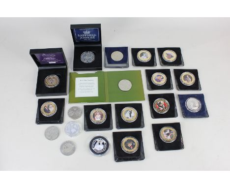 A collection of twenty Royal and First World War commemorative five pound coins, with various boxes and paperwork