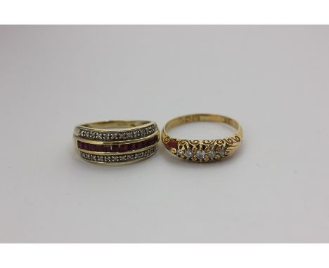 A ruby and diamond half hoop ring, and a diamond five-stone ring