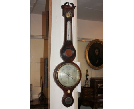 A George III mahogany inlaid wheel barometer and thermometer, 97cm, (a/f)
