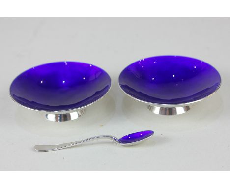 A pair of Norwegian silver and blue enamel salts by Anton Michelsen, stamped A.Michelsen Copenhagen sterling Denmark 6cm diam