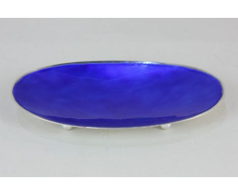 A Danish silver and blue enamel oval dish by E Dragsted, on ball feet, marked sterling Denmark E.Dragsted, 13cm