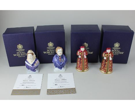 Four Royal Worcester porcelain candle snuffers, Prince Albert and Queen Victoria limited edition 253/500, and two Cardinal Wo