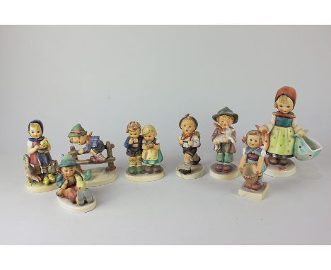 Eight Goebel porcelain Hummel figures of children, including 'We Congratulate', 'Retreat to Safety', 'Little Helper' and 'Fee