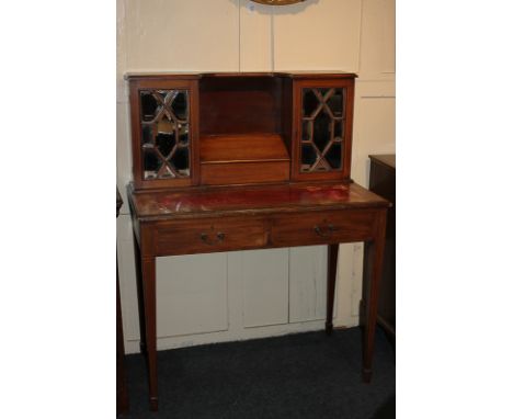 An Edwardian mahogany inlaid and satinwood banded bonheur-du-jour writing desk, with superstructure of stationery box flanked