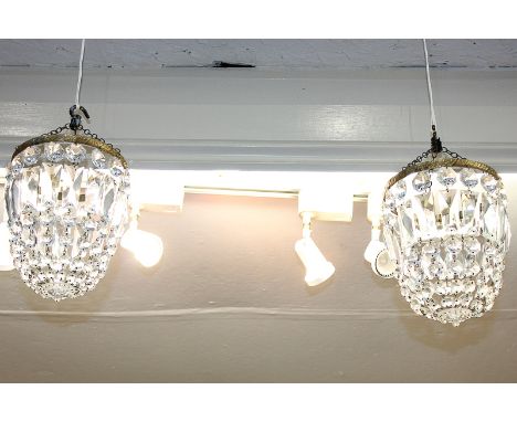 A pair of gilt metal bag drop light fittings, with glass droplets, 16.5cm diameter