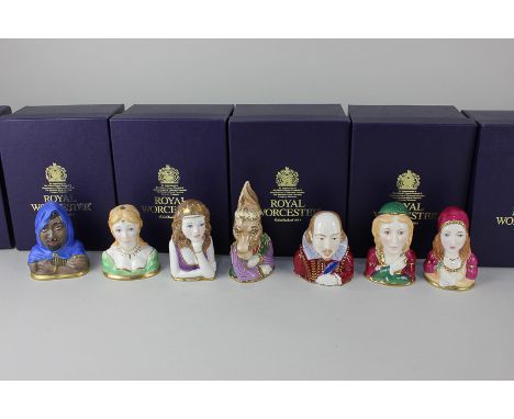 Seven Royal Worcester porcelain candle snuffers, Shakespeare, Othello, Desdemona, Titania, Juliet, Romeo, and Bottom, all box