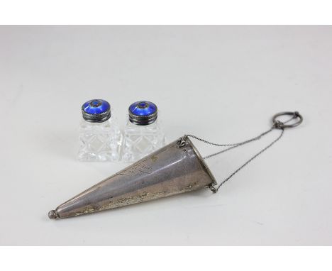 A pair of Norwegian silver and blue enamel mounted cut glass peppers by David Andersen, together with a silver hanging posy h
