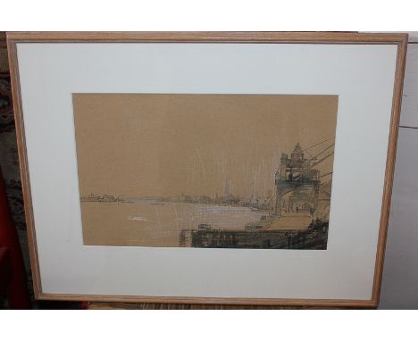 Cecil Arthur Hunt, view from a bridge, Antwerp, ink sketch, signed and inscribed, later label verso, 24cm by 37.5cm