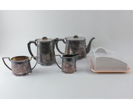 An Art Deco silver plated four-piece tea set by Walker &amp; Hall, comprising teapot, hot water jug, milk jug and sugar bowl,