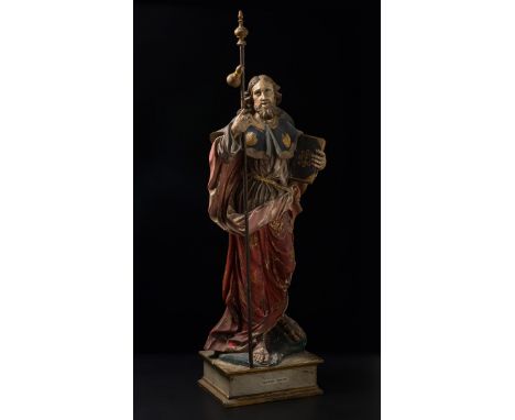 DOLORES RODEIRO BOADO (Galicia, 1853-1898)."Saint James the Apostle".Carved and polychrome wood.Measurements: 113 x 47 x 28 c