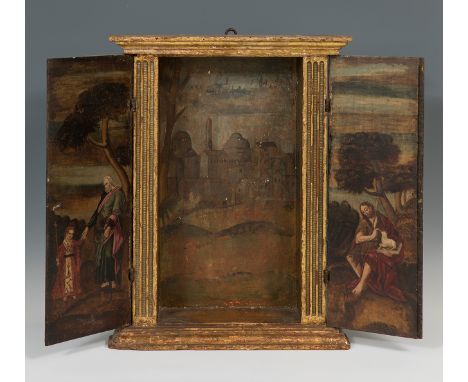 Spanish School, ca.1600."The Passion Child, Saint Joseph and John the Baptist".Chapel triptych.Oil on panel.Carved and polych