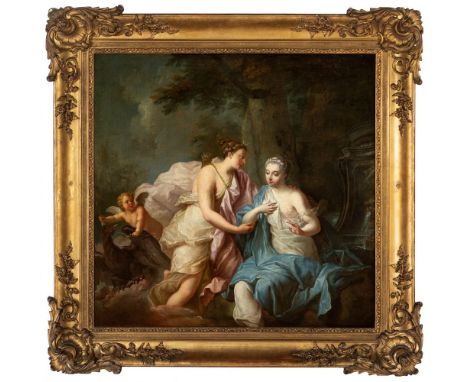 French school of ca. 1730."The nymph Callisto seduced by Jupiter in the form of Diana".Oil on canvas. Relined.Size: 82 x 83.5