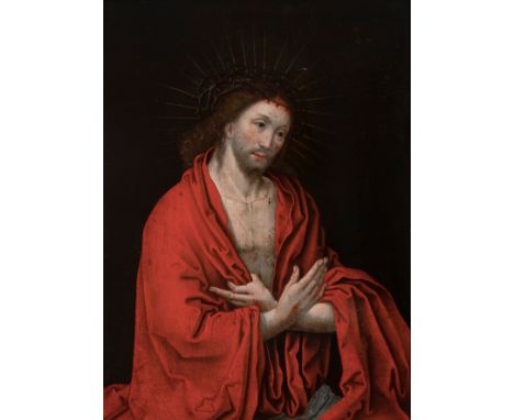 Flemish School; circa 1500."Ecce homo.Oil on oak panel.It has a 19th century carved and gilded wooden frame.Measurements: 27 