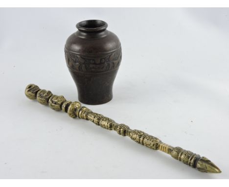 A Chinese baluster shaped vase together with a brass ceremonial stick. (2)