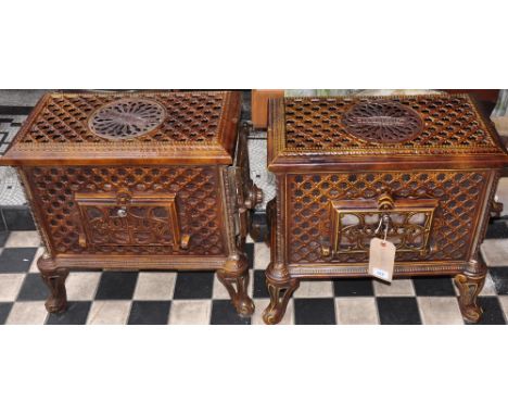 A pair of French style ceramic wood burning stoves, Godin