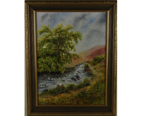 A framed oil on canvas board of a river and trees, signed bottom left R Greene