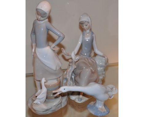 A Lladro glazed ceramic figure of a milkmaid with thirsty geese, together with another similar figure of a seated girl with i