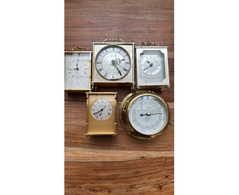 Lot of five carriage clocks and a brass barometer. Various designs, including pieces by Loris Clock Co. and Staufen.