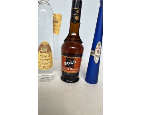Three vintage liquor bottles, including Bols Apricot Brandy, Orujo de LiÃ©bana, and Ouzo Xenia, with original labels intact.