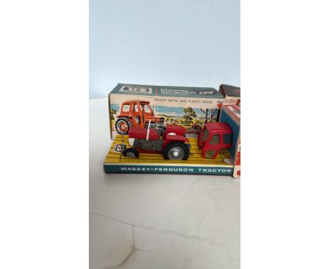 1970s Britains Models No. 9526 Massey-Ferguson 135 Tractor and No. 9698 All-Purpose Land Rover, 1:32 scale diecast models wit