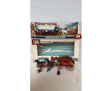 Britains Ltd vintage boxed Western-themed sets, including covered wagon and Concord stagecoach with horses and figures. Some 
