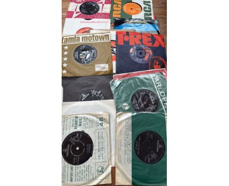 Vintage 45 RPM vinyl record collection features The Beatles, T. Rex, The Police, and more. Includes Parlophone, RCA, and Taml