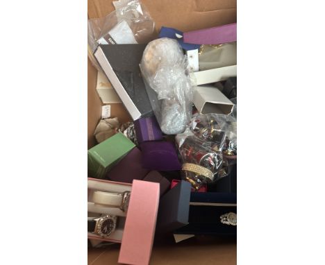 Large mixed lot of vintage and modern jewelry, watches, and accessories. Includes boxed timepieces, costume jewelry, and vari