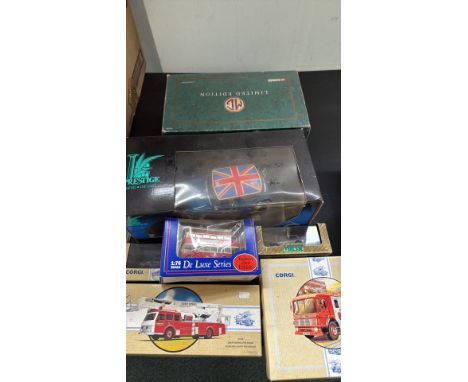 Collection of boxed die-cast model vehicles, including Corgi fire engines, a Vitesse car, and a limited edition MG model. Var