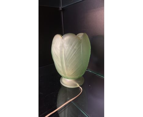 Art Deco frosted green glass lamp, circa 1920s-1930s, with intricate leaf motif.
