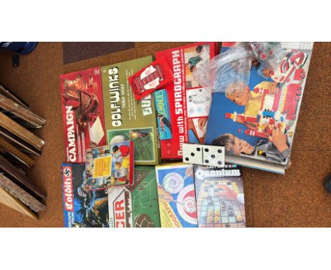 Vintage board game and toy lot, including 1960s-80s classics like Mouse Trap, Spirograph, Chad Valley Soccer, and LEGO.