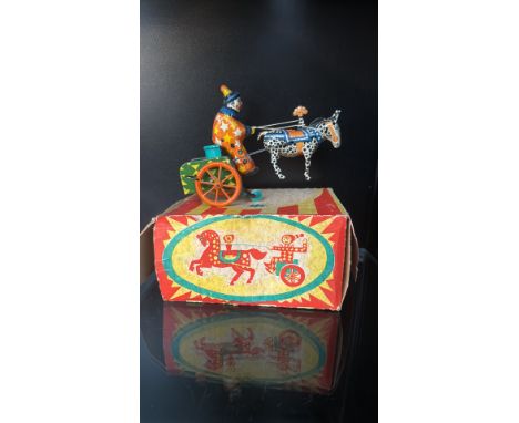 Vintage tin lithographed wind-up clown cart toy from the mid-20th century. Includes original box.
