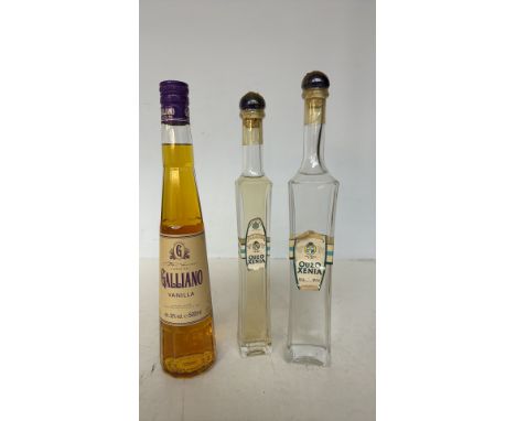 Three vintage liquor bottles, including Galliano Vanilla liqueur (500ml, 30% alc.) and two Ouzo Xenia bottles (0.5L, 42% alc.