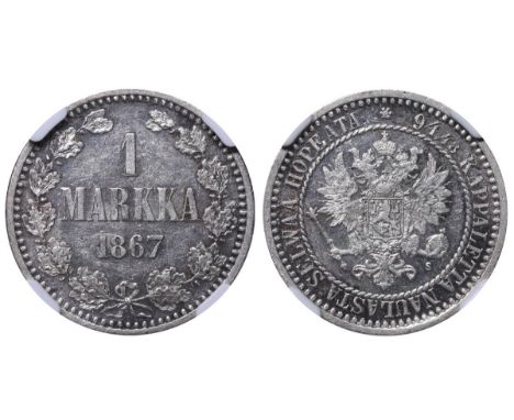 Russian Empire, Finland, Emperor Alexander II (1855-1881), 1 markka, 1867 year, Silver, 5,18 gr, KM#3.1, bitkin 627(R), In AU