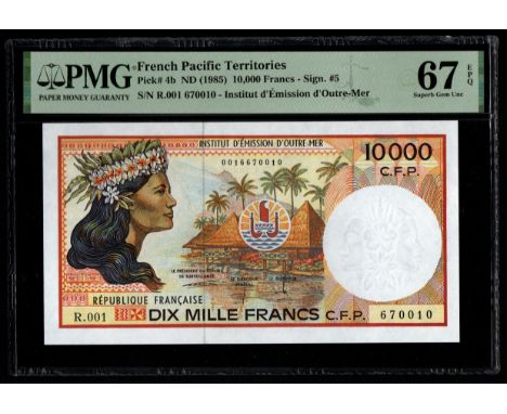 French Pacific Territories Pick# 4b ND (1985) 10,000 Francs - Sign. #5 S/N R.001 670010 - Institut d'Émission d'Outre-Mer 67S