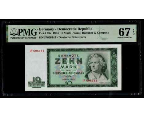 Germany - Democratic Republic Pick# 23a 1964 10 Mark - Wmk: Hammer &amp; Compass S/N IP606141 - Deutsche Notenbank 67 Superb 