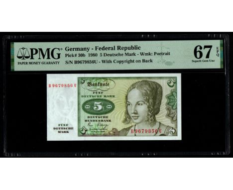 Germany - Federal Republic Pick# 30b 1980 5 Deutsche Mark - Wmk: Portrait S/N B9679856U - With Copyright on Back 67 Superb Ge