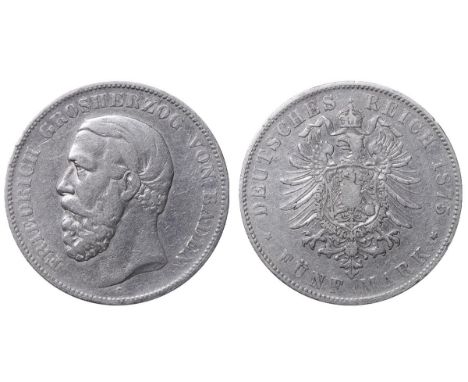 Grand Duchy of Baden (German States), Ruling authority Frederick I (1856-1907), 5 mark, 1875 year, Silver, 27,777 gr, KM#263