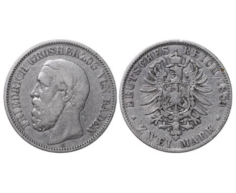 Grand Duchy of Baden (German States), Ruling authority Frederick I (1856-1907), 2 marks, 1883 year, Silver, 11,11 gr, KM#265