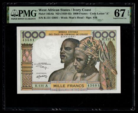 West African States / Ivory CoastPick# 103Ak ND (1959-65) 1000 Francs - Code Letter "A" S/N R.131 43681 - Wmk: Man's Head - S