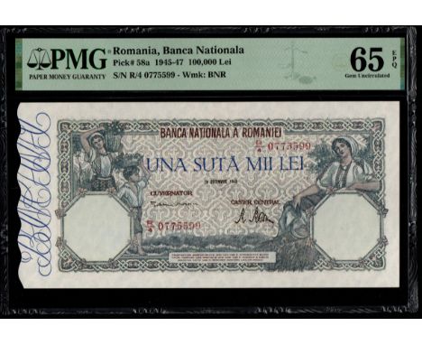 Romania, Banca Nationala Pick# 58a 1945-47 100,000 Lei S/N R/4 0775599 - Wmk: BNR 65 Gem Uncirculated