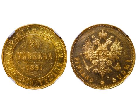 Russian Empire, Emperor Alexander III (1881-1894), 20 markkaa, 1891 year, Gold, 6,45 gr, KM#9, bitkin 227(R), In MS 62: 24, I