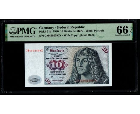 Germany - Federal Republic Pick# 31d 1980 10 Deutsche Mark - Wmk: Portrait S/N CM4502590X - With Copyright on Back 66Gem Unci