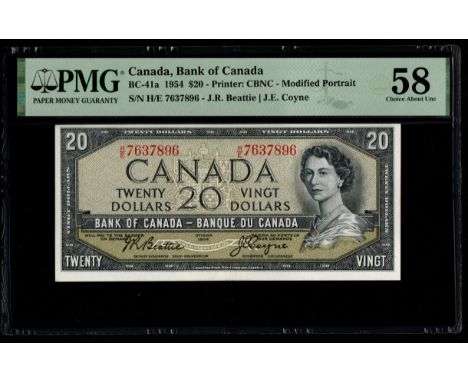 Canada, Bank of Canada BC-41a 1954 $20 - Printer: CBNC - Modified Portrait S/N H/E 7637896 - J.R. Beattie | J.E. Coyne 58 Cho