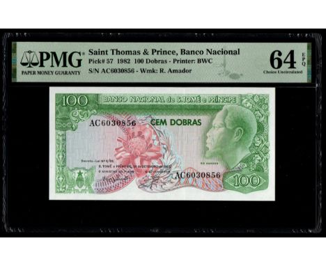 Saint Thomas &amp; Prince, Banco Nacional Pick# 57 1982 100 Dobras - Printer: BWC S/N AC6030856 - Wmk: R. Amador 64 Choice Un