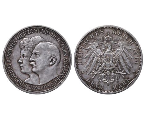 Anhalt-Dessau (German States), Duke Frederick II (1901-1918), 3 marks, 1914 year, Silver, 16,667 gr, KM#30, 25th Anniversary 