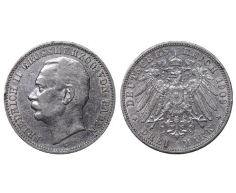 Grand Duchy of Baden (Baden, German States), Ruling authority Frederick II (1907-1918), 3 marks, 1909 year, Silver, KM#280