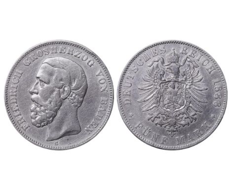 Grand Duchy of Baden (German States), Ruling authority Frederick I (1856-1907), 5 mark, 1888 year, Silver, 27,777 gr, KM#263